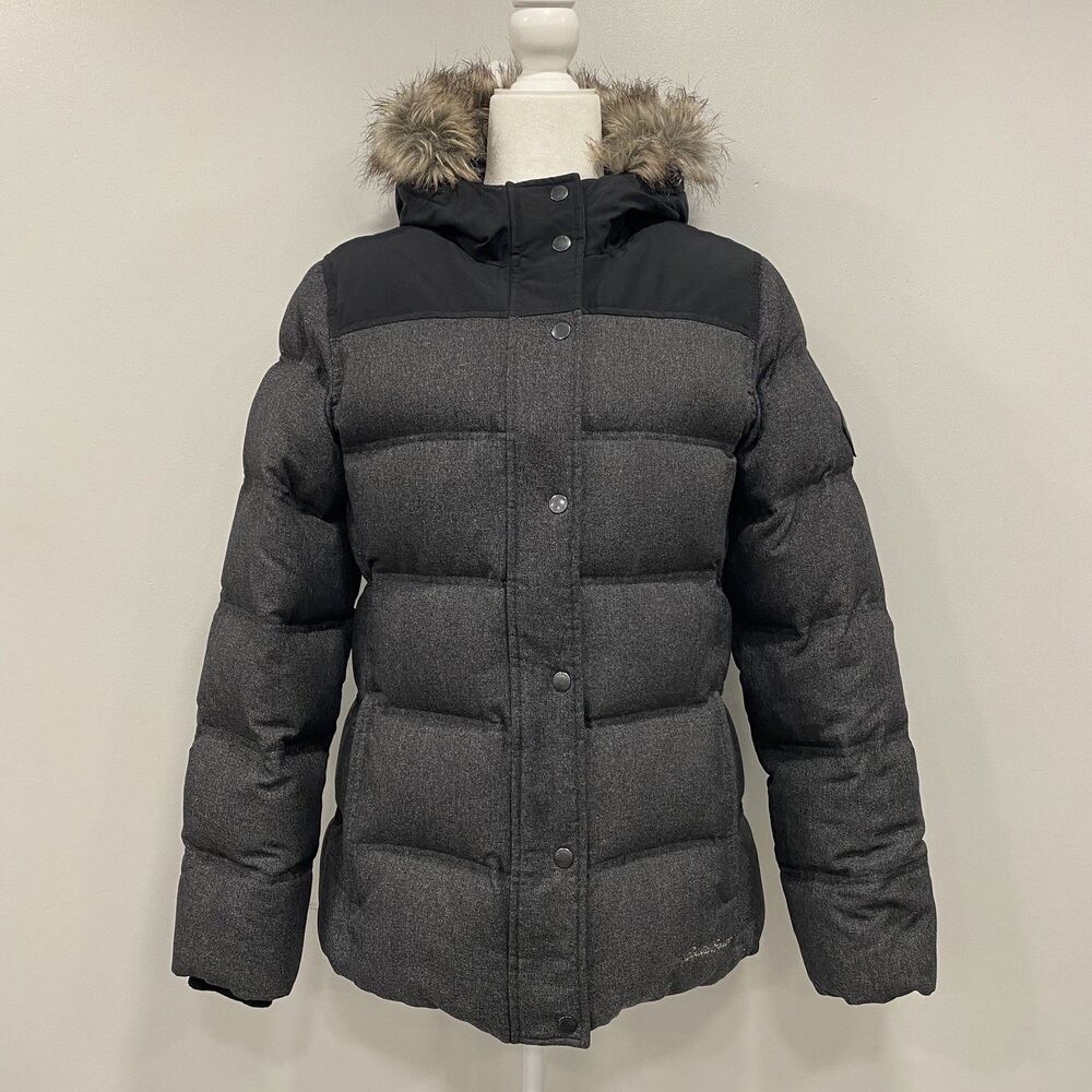 Eddie Bauer Women L Noble Down Parka Fur Hood Grey Black Puffer Winter Coat Warm